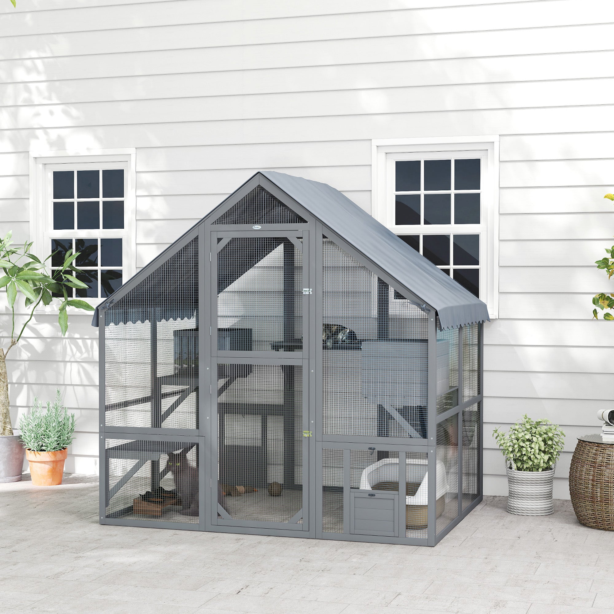 Wooden Catio with Waterproof Cover, 2 Condos, Gray