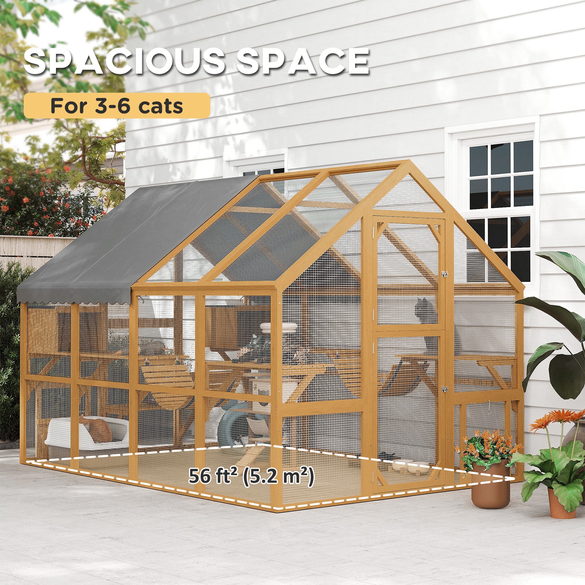 Wooden Catio Outdoor Enclosure, Yellow, 2 Condos, 6 Platform