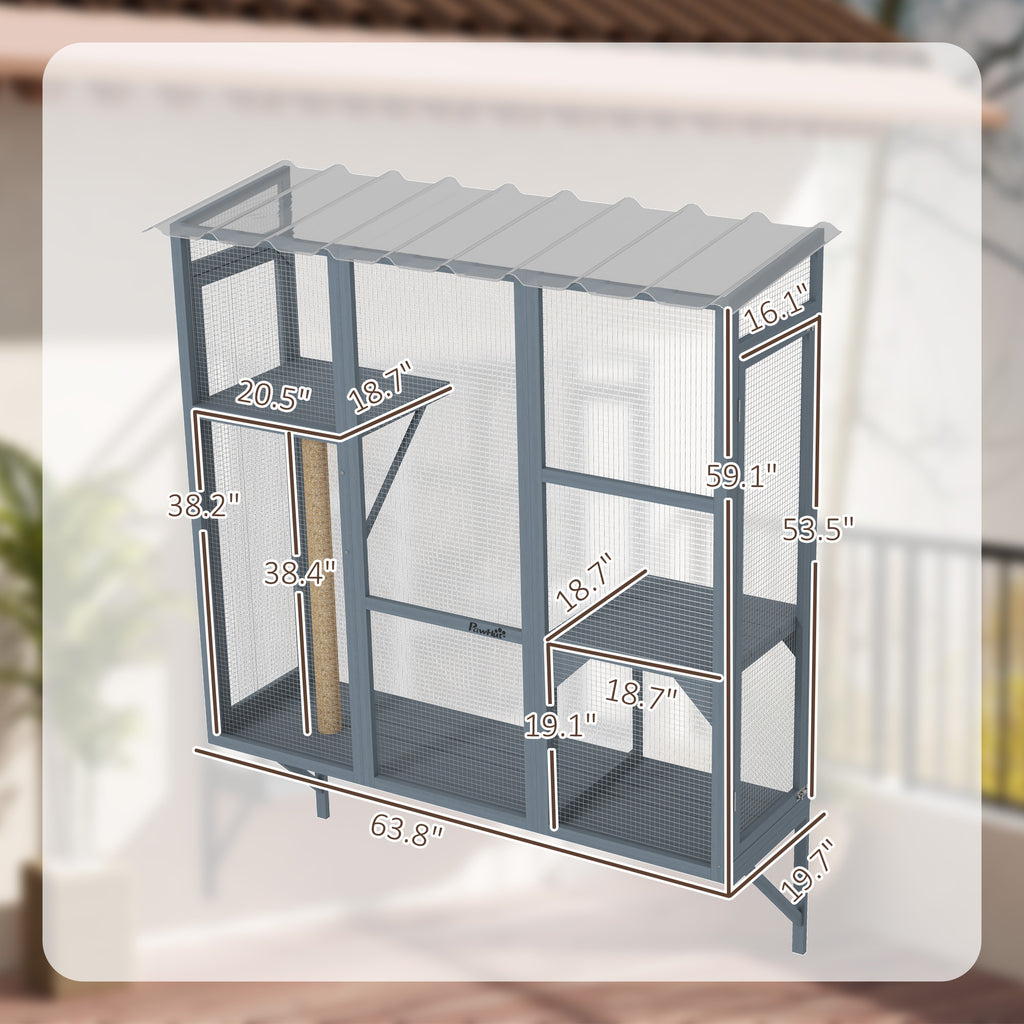 Outdoor Cat Enclosure with 2 Jumping Platforms, Gray