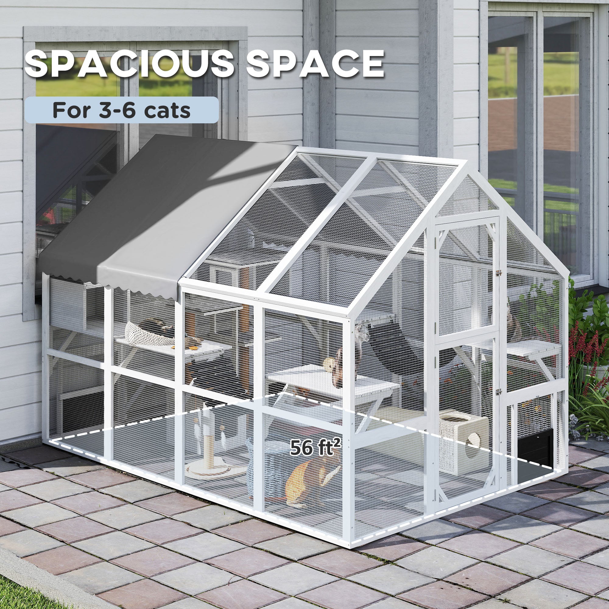 Outdoor Cat Enclosure, Waterproof Cover, 2 Condos, White