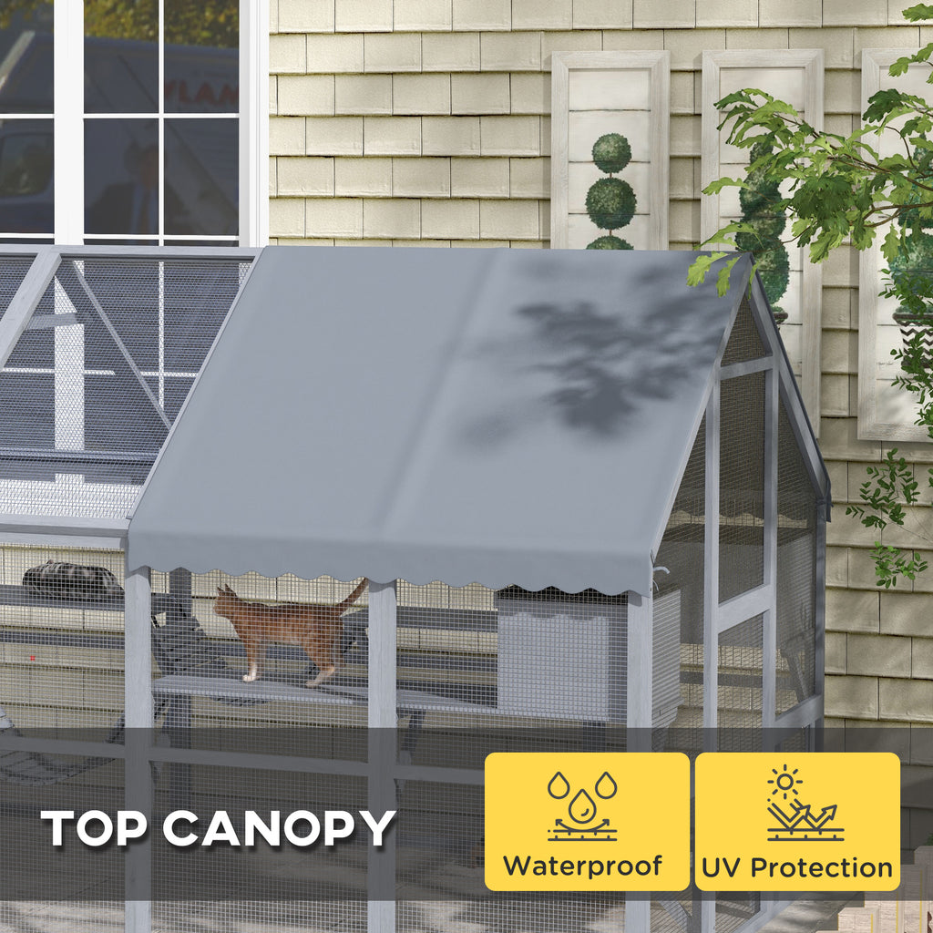 Wooden Catio with Waterproof Cover, 2 Condos, 6 Platforms, G