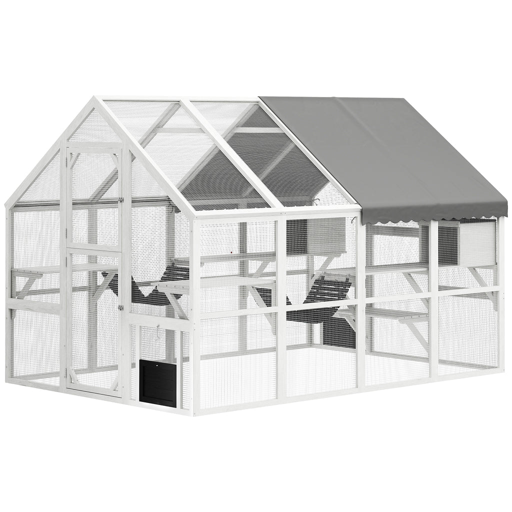 Outdoor Cat Enclosure, Waterproof Cover, 2 Condos, White