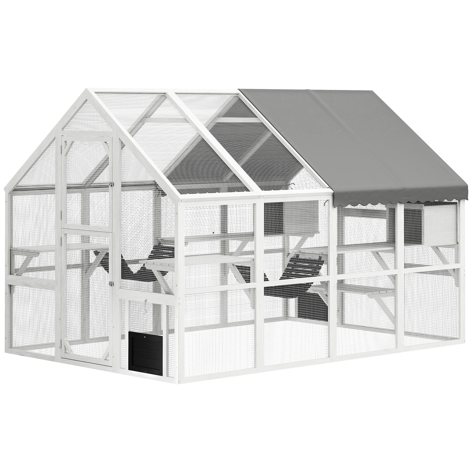 Outdoor Cat Enclosure, Waterproof Cover, 2 Condos, White