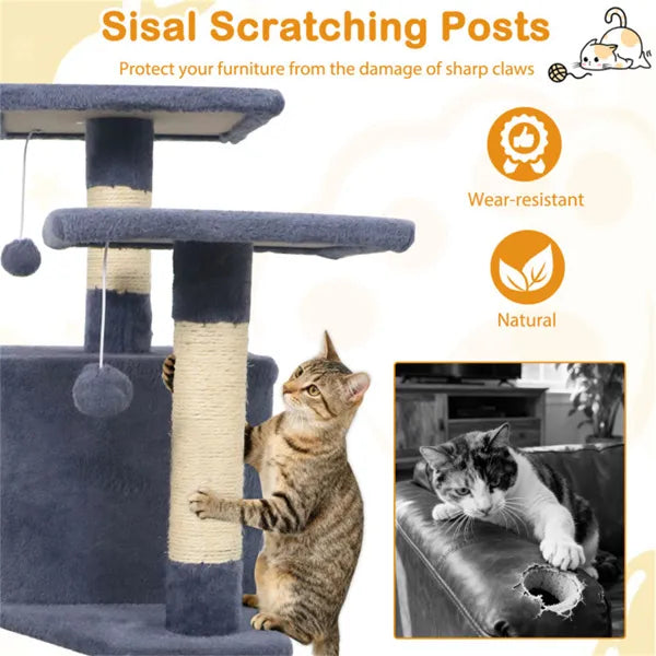 57" Multi-Level Cat Tree, 2 Condos & Hammock - Gray